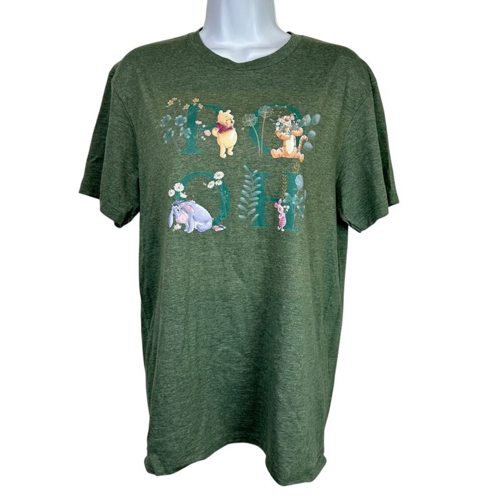 Disney Pooh Eeyore Piglet Tiger Floral Spellout Tee Shirt Green Size Med - Picture 1 of 5